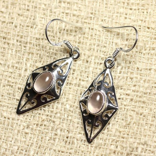 Bo220 - boucles d'oreilles argent 925 et pierre - losange filigrane 28mm quartz rose