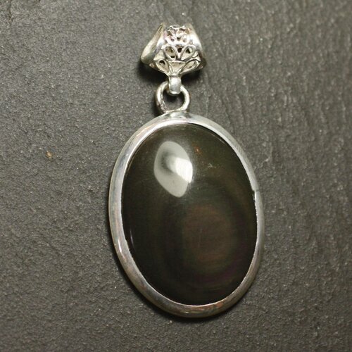 N60 - pendentif argent 925 et pierre - obsidienne arc en ciel oeil céleste ovale 28x21mm