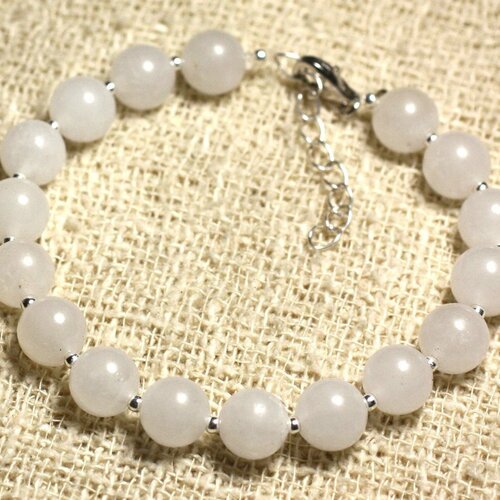 Bracelet argent 925 et pierre semi précieuse - jade blanche 8mm