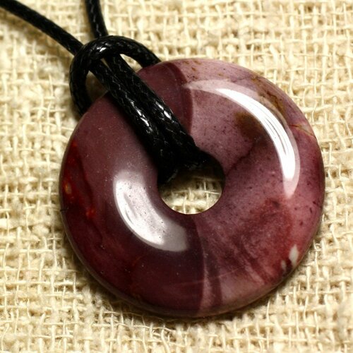 Collier pendentif pierre - jaspe mokaite rond cercle donut pi 30mm violet rouge bordeaux rose
