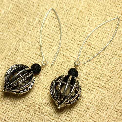 Boucles d'oreilles argent 925 perle rhodium 18mm et lave noire