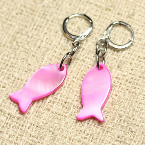 Boucles d'oreilles nacre poissons 23mm rose fluo