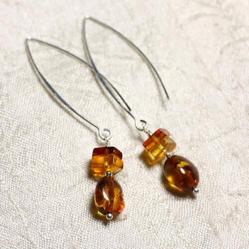 Boucles d'oreilles argent 925 longs crochets et ambre naturelle 8-10mm