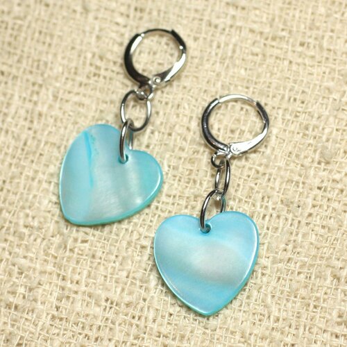 Boucles d'oreilles nacre coeurs 18mm bleu turquoise