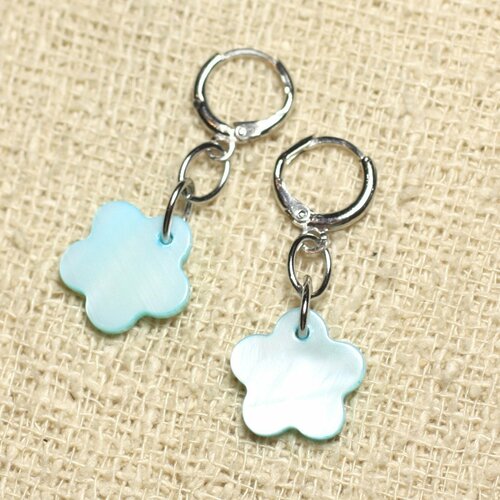 Boucles d'oreilles nacre fleurs 15mm bleu turquoise pastel