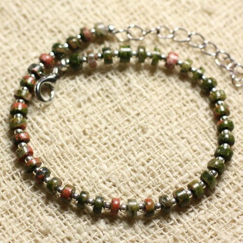 Bracelet argent 925 et pierre semi précieuse - unakite rondelles 4x2mm