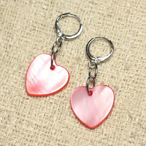 Boucles d'oreilles nacre coeurs 18mm rouge rose