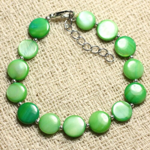 Bracelet argent 925 et nacre palets 10mm vert