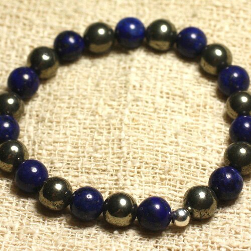 Bracelet argent 925 et perles de pierre - pyrite dorée et lapis lazuli 8mm