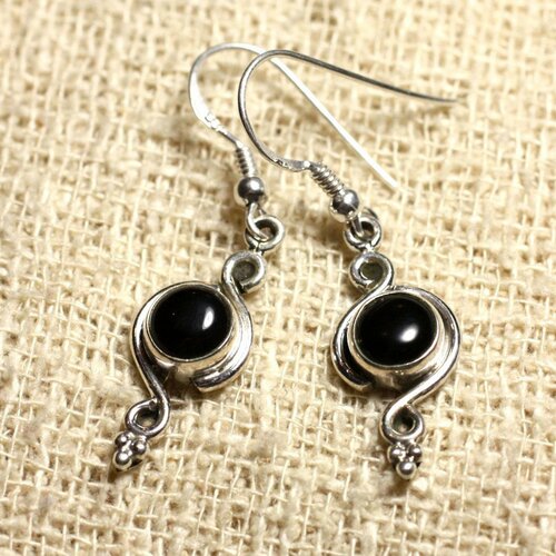 Bo211 - boucles d'oreilles argent 925 26mm - onyx noir ronds 7mm