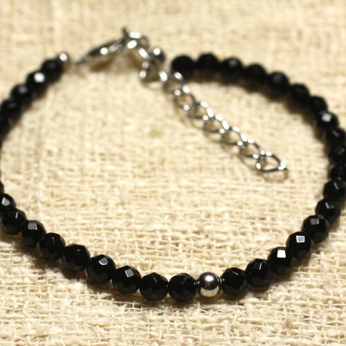Bracelet argent 925 et pierre semi précieuse onyx noir facetté 4mm