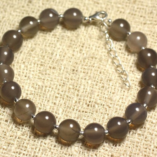 Bracelet argent 925 et pierre semi précieuse - agate grise 8mm