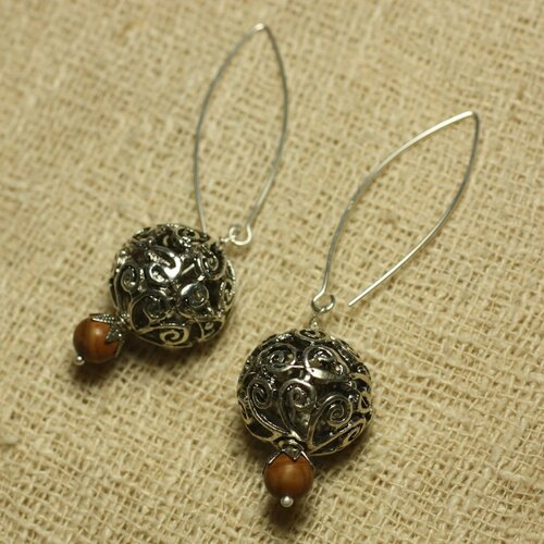 Boucles d'oreilles argent 925 perle rhodium et jaspe bois