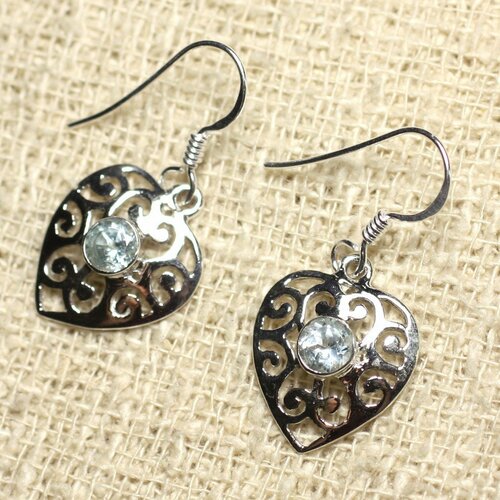 Bo229 - boucles d'oreilles argent 925 et pierre - coeurs arabesques 15mm topaze bleue