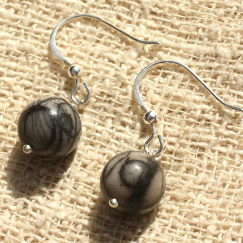 Boucles d'oreilles argent 925 - jaspe zèbre 10mm