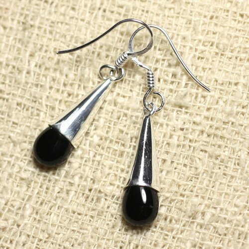 Bo216 - boucles d'oreilles argent massif 925 et pierre onyx gouttes 24mm