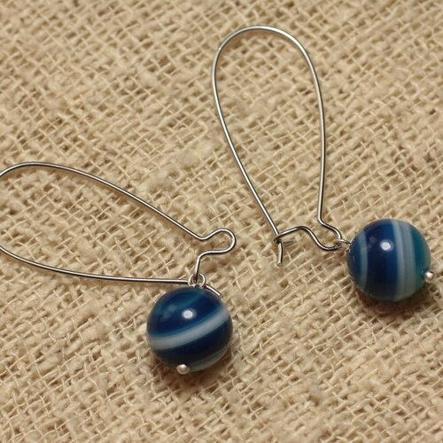 Boucles d'oreilles agate bleue et longs crochets argentés