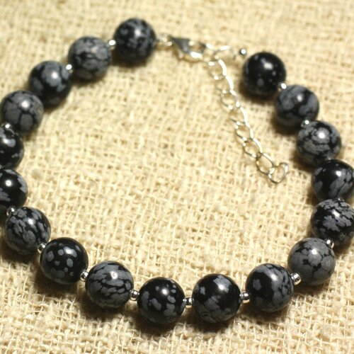 Bracelet argent 925 et pierre semi précieuse - obsidienne flocon de neige 8mm