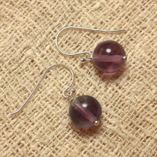 Boucles d'oreilles argent 925 et pierre - fluorite violette 10mm