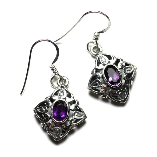 Bo235 - boucles d'oreilles argent 925 et pierre - losanges filigranes arabesques 16mm améthyste