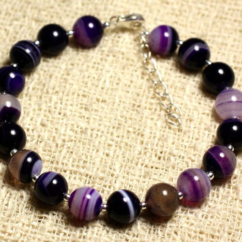 Bracelet argent 925 et pierre semi précieuse - agate violette 8mm