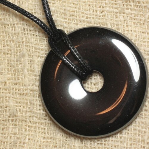 Collier pendentif pierre - hematite rond cercle donut pi 40mm metal gris noir