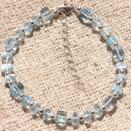 Bracelet argent 925 et pierre - topaze bleue rondelles et cubes facettés 6mm
