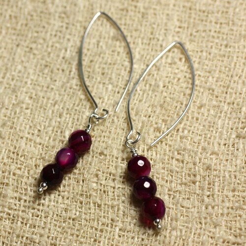 Boucles d'oreilles argent 925 crochets 40mm - agate violet rose facettée 6mm