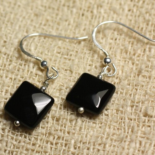 Boucles d'oreilles argent 925 - onyx noir carrés facettés 10mm