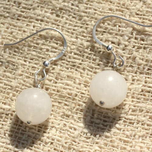 Boucles d'oreilles argent 925 et jade blanche 10mm
