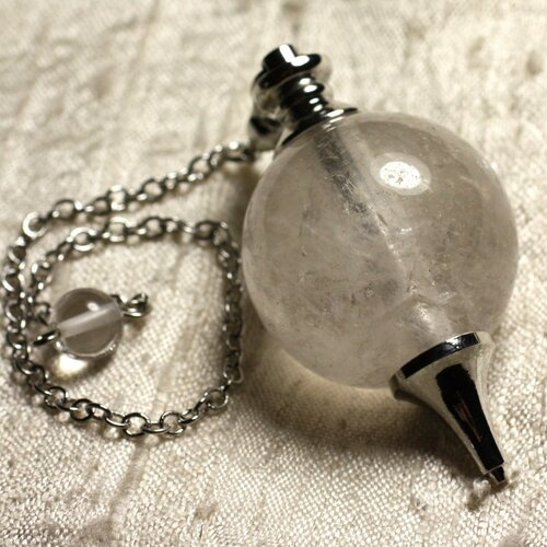 Pendule métal argenté rhodium et pierre semi précieuse - cristal quartz boule 30mm