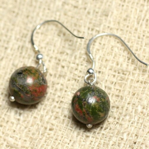 Boucles d'oreilles argent 925 et pierre - unakite boules 10mm