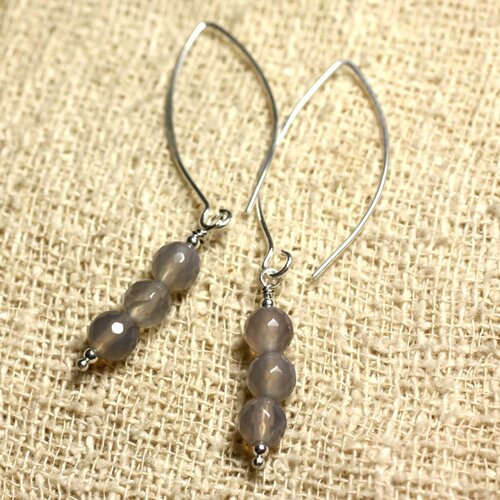Boucles d'oreilles argent 925 crochets 40mm - agate grise facettée 6mm