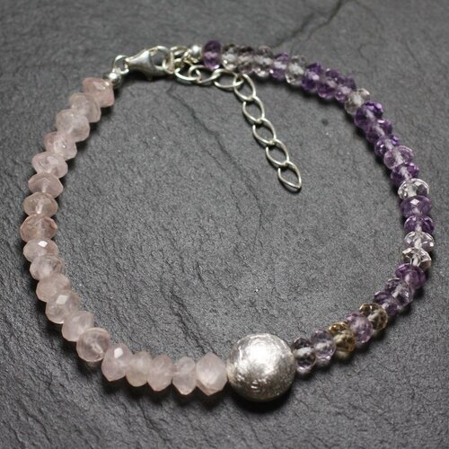Bracelet argent 925 et pierres - amétrine et quartz rose rondelles facettées 3-6mm