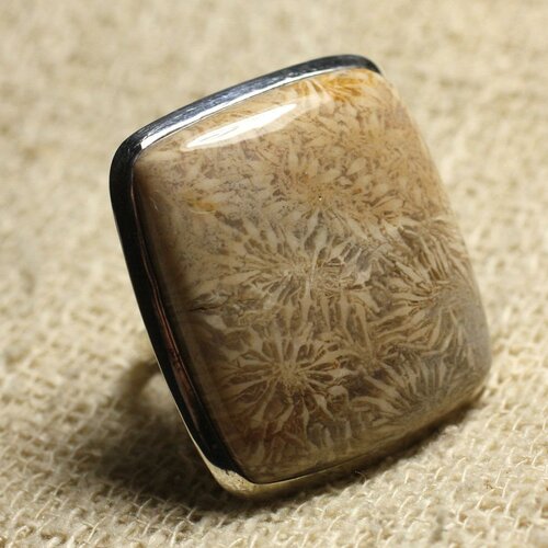 Bague argent 925 et pierre taille réglable - corail fossile rectangle 31x28mm