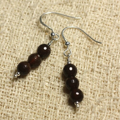 Boucles d'oreilles argent 925 - agate marron facettée 6mm