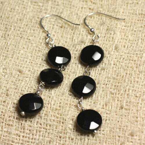 Boucles d'oreilles argent 925 - onyx noir palets facettés 10mm