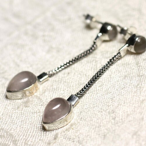 Bo240 - boucles d'oreilles argent 925 et pierre quartz rose pendantes chaîne 45mm