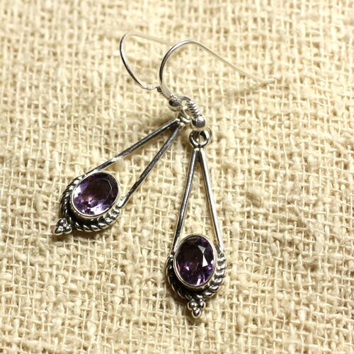 Bo212 - boucles d'oreilles argent 925 30mm - améthyste facettée ovales 9x7mm