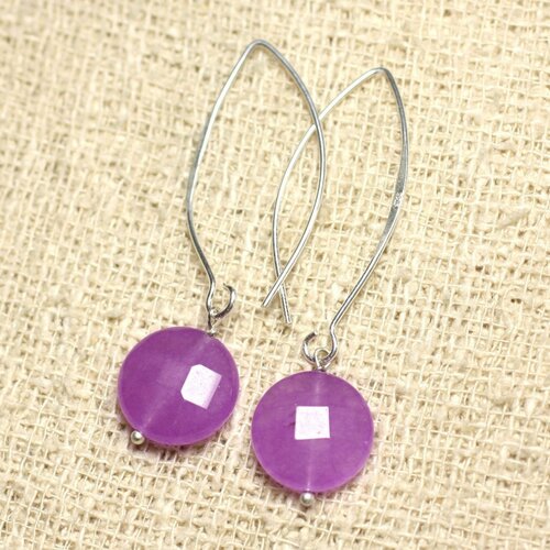 Boucles d'oreilles argent 925 et pierre - jade violet rose palets facettés 14mm
