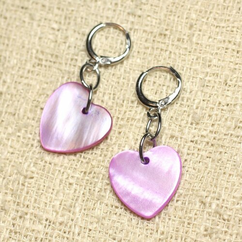 Boucles d'oreilles nacre coeurs 18mm violet rose