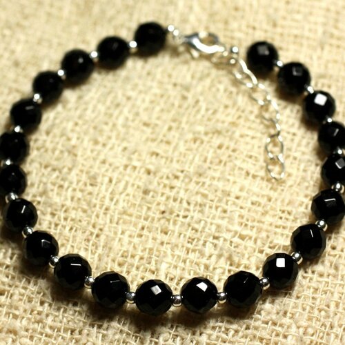 Bracelet argent 925 et pierre - onyx noir facetté 6mm