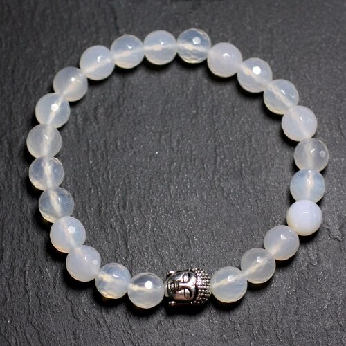 Bracelet bouddha et pierre semi précieuse - agate blanche facettée 8mm