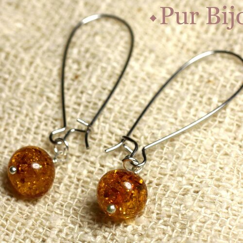 Boucles d'oreilles ambre naturelle 8-9mm longs crochets argentés