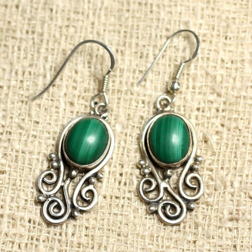 Bo203 - boucles d'oreilles argent 925 et pierre - arabesques 27mm malachite
