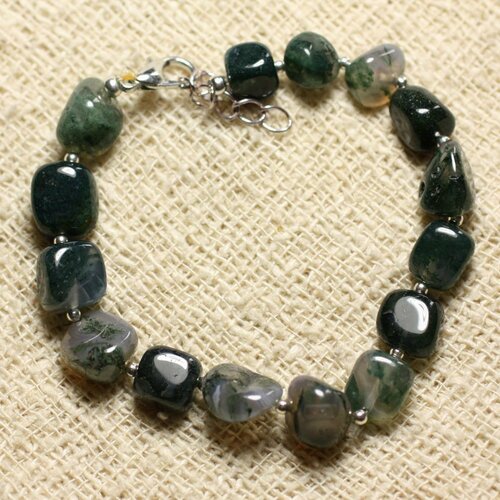 Bracelet argent 925 et pierre - agate mousse nuggets 8mm