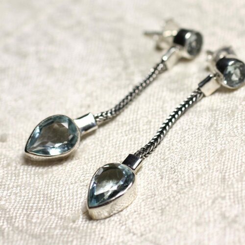 Bo240 - boucles d'oreilles argent 925 et pierre topaze bleue pendantes chaîne 45mm