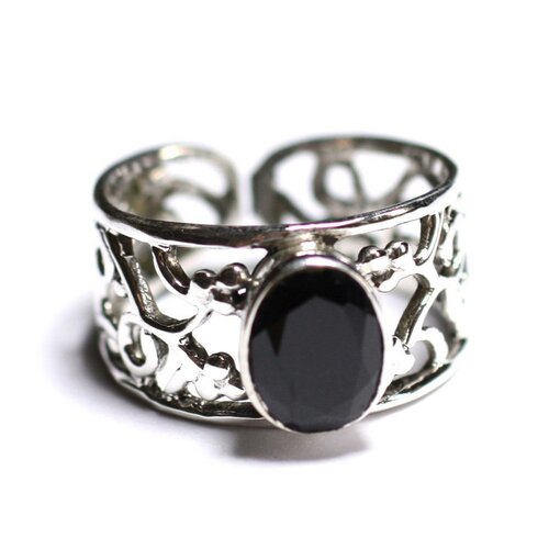 N224 - bague argent 925 et pierre - onyx noir facetté ovale 9x7mm