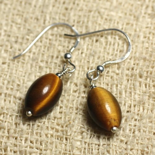 Boucles d'oreilles argent 925 - oeil de tigre olives 12x8mm