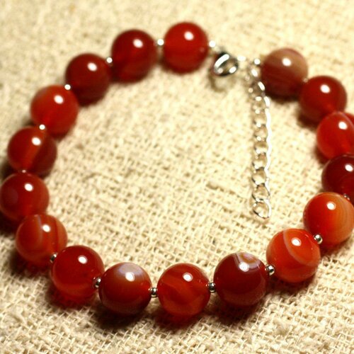 Bracelet argent 925 et pierre semi précieuse - agate rouge 10mm